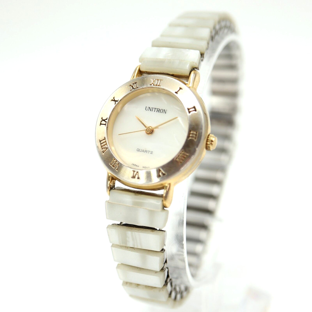 Vintage Unitron Womens MOP Watch 27mm Gold Tone Pearl Stretch Band w New Battery